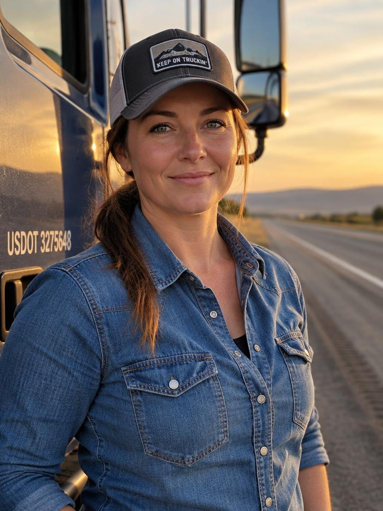 Female truck driver beside her truck